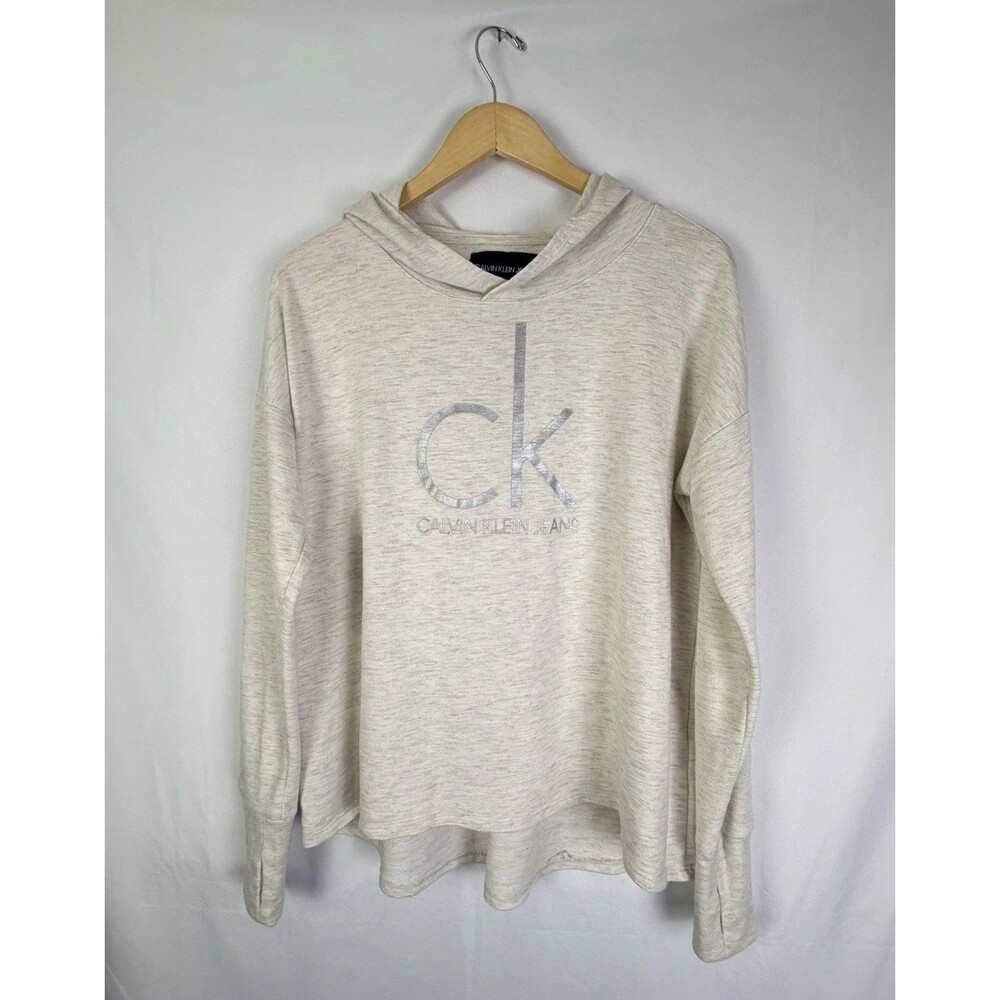 Calvin Klein Jeans Women's Sz Large Hooded Logo Oatmeal Light Sweat Shirt EUC